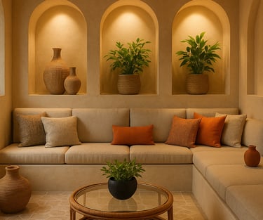 a lounge room with a couch and a table for a spa institute