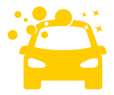 Automobilio priekio grafika, virš kurio burbulai ir žvaigždės, imituojančios automobilio švarą.