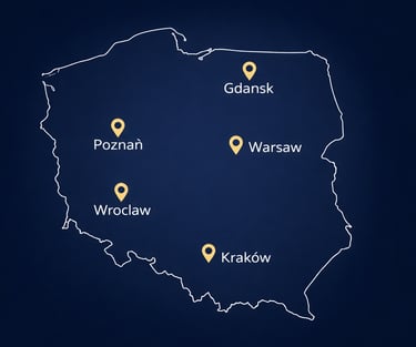 Карта Польши с городами Варшава, Краков, Вроцлав, Познань и Гданьск