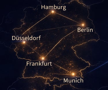 Карта Германии с городами Берлин, Гамбург, Франкфурт, Мюнхен