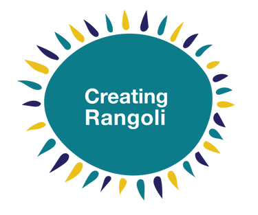 A turquoise oval with the words 'Creating rangoli' in the middle.