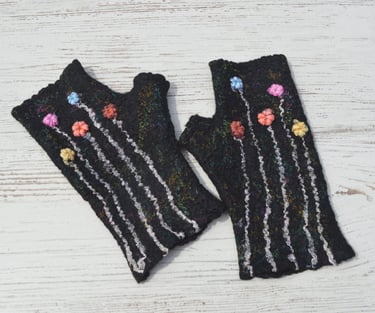 Handmade black fingerless gloves with colorful silk floral patterns 