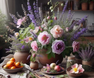 rock rose, clematis, lavender and mimulus flowers on a table