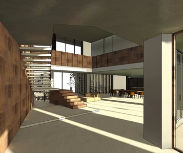 Moradia em Lagos. Projeto de Arquitetura. Vistas tridimensionais do interior. Hall e sala.