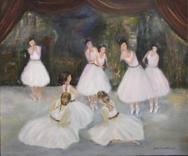a painting of a group of ballerinas in white dresses on a stage