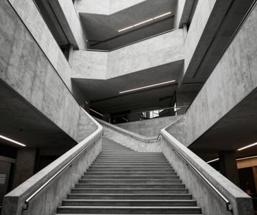 A multi-level modern concrete interior illustrating structured methodology for IT architecture.