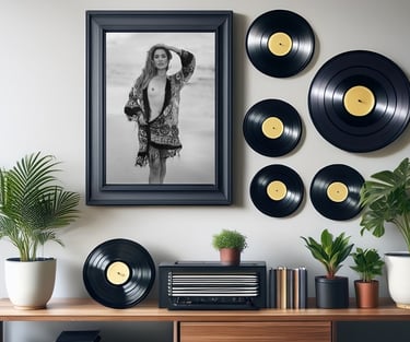 Framed image over the shelf with vinyl records