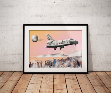 Framed print of shuttle above beachgoers at Maho Beach