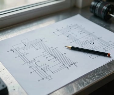 Close-up overhead of electrical schematic drawings spread across a steel worktable, circuit diagrams annotated in pencil, lit by cool diffused daylight from a nearby window