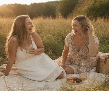 Two women in sundresses laughing during a sunset summer picnic in a golden grass field.