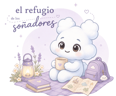 Cute cloud character enjoying a cozy picnic with hot cocoa, books, and a map under a purple sky.