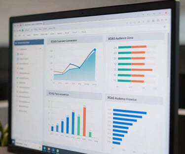 Close-up of a digital advertising dashboard on a monitor screen, showing ROAS metrics, cost-per-conversion charts and audience breakdown graphs, neutral office ambient light, sharp focus on data rows