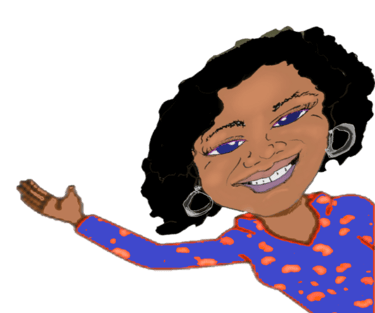 a cartoon girl with a blue and orange spotted shirt waving and smiling