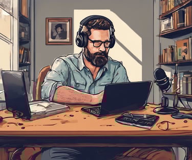 a man sitting at a desk with a laptop and headphones