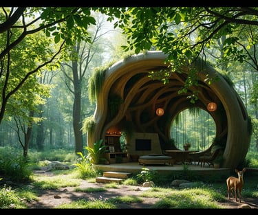 nature inspired architecture of shelter in forest, rounded shape