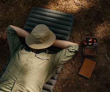 Man relaxing in sleeping bag outdoors with survival kit nearby taking a break after setting up wilderness base camp