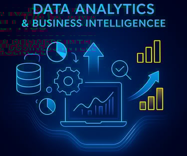 Neon-style data analytics graphic with charts, graphs, and insights on a dark background.