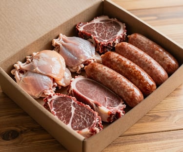 A rustic wooden crate filled with assorted premium meats and sausages, freshly prepared and ready for reservation.