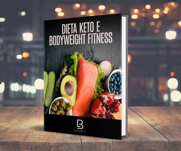 Dieta Keto e Bodyweight Fitness book cover with salmon, avocado, and healthy keto ingredients.
