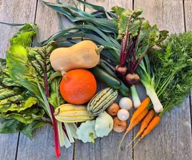 Etalage de produits, légumes frais, miel de la ferme gourmande