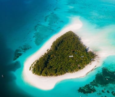 Full aerial view of Mnemba Island Zanzibar surrounded by turquoise waters and white sandy beaches.