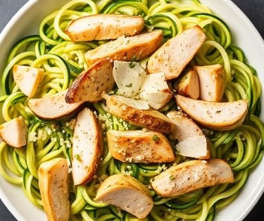 a bowl of spaghetti sauce with chicken and noodles