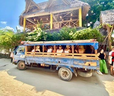 Tourists riding a traditional Zanzibar Daladala, the local bus used to travel to shamba, experiencing authentic village life