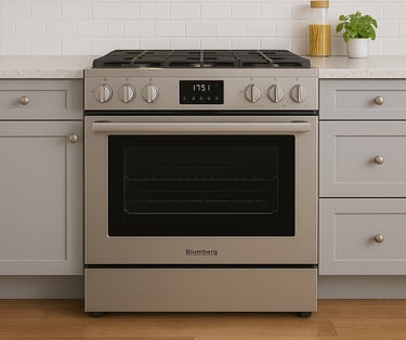 Blomberg gas range installed in a modern kitchen with gray cabinets and white subway tile backsplash
