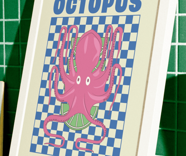 Poster Octopus Osaka Sur fond carreaux vert