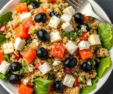a bowl of kous-kous, olives, chopped tomatoes
