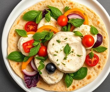 a plate of food with a tortilla and cheese