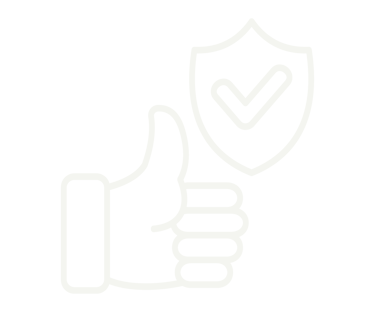 White line icon showing a thumbs up gesture next to a security shield with a checkmark on a black background.
