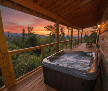 Steaming private hot tub on a secluded wooden deck overlooking the lush forest in Gatlinburg, Tennessee
