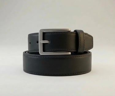 Cinturón de cuero genuino negro con hebilla plateada, accesorio artesanal