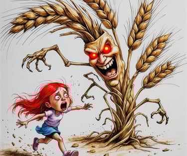 Vignetta con una bambina che scappa terrorizzata da una spiga di grano che sembra uno zombie