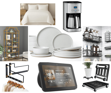 a collage of different items in a room