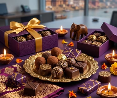 Assorted luxury Diwali chocolate gift boxes and truffles on a golden platter with lit diyas and festive decor.