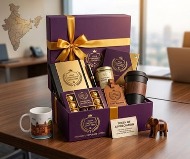 Luxury corporate gift box with gourmet chocolates, a notebook, and travel mug for employee appreciation.