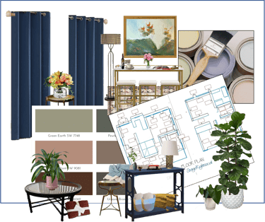 a room with a table and a table with a plant