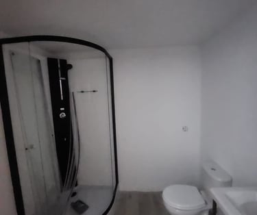 a bathroom with a large mirror and a toilet