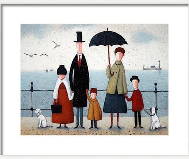 Lowry style family seaside print      British weather humor art decor      Quirky figurative print w