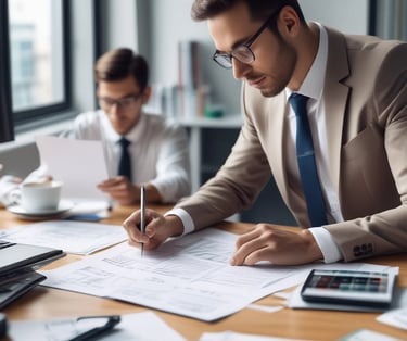 An auditor reviewing financial documents in a modern office.