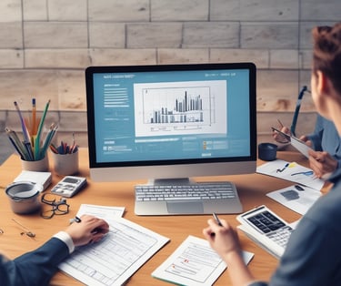 An auditor reviewing financial documents in a modern office.