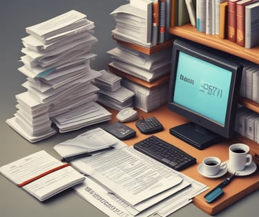 An auditor reviewing financial documents in a modern office.