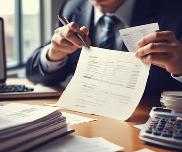 An auditor reviewing financial documents in a modern office.