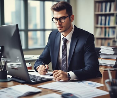 An auditor reviewing financial documents in a modern office.