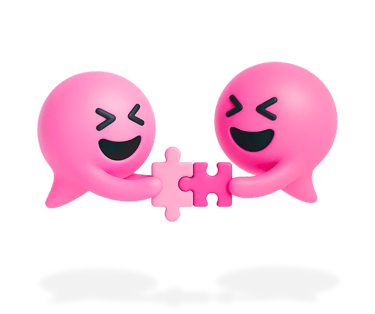 Two Blabit bubbles with closed smiling eyes connecting puzzle pieces together
