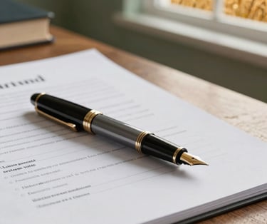 Close-up of a high-quality legal document on an oak desk, with a luxury fountain pen. In the blurred background, a sage green wall and a window showing a golden wheat field at sunset.