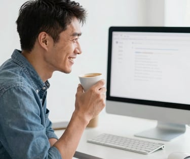 Cliente satisfecho cerrando un ordenador portátil tras completar sus gestiones contables con éxito