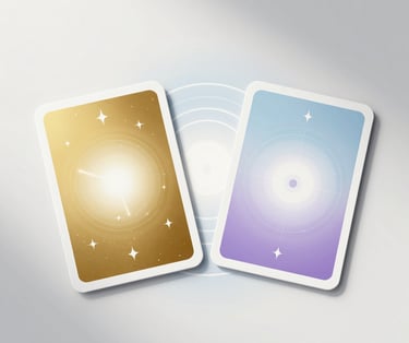 Calm, warm-toned cards spread gently on a wooden table with soft natural light.
